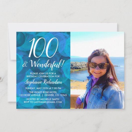 100 und wunderschöne Elegant Ocean Blue Birthday Einladung (Vorderseite)