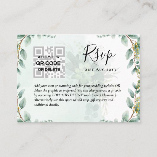 100 x QR CODE WEDDING RSVP Eucalyptus FOTO Budget Visitenkarte (Vorderseite)