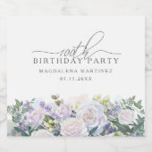 100t Geburtstagsparty White Rose Blue Floral Custo Schaumweinetikett (Einzelnes Label)