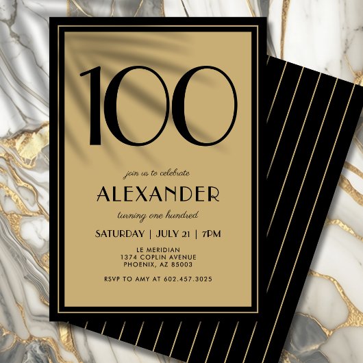 100th Birthday Adult Black and Gold Modern Minimal Einladung