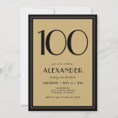 100th Birthday Adult Black and Gold Modern Minimal Einladung (Vorderseite)