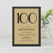 100th Birthday Adult Black and Gold Modern Minimal Einladung (Stehend Vorderseite)