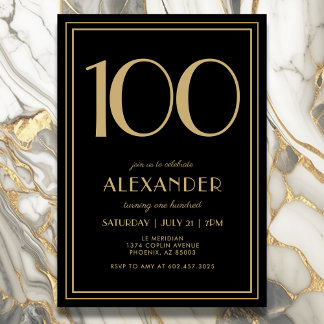 100th Birthday Black and Gold Modern Minimal Adult Einladung