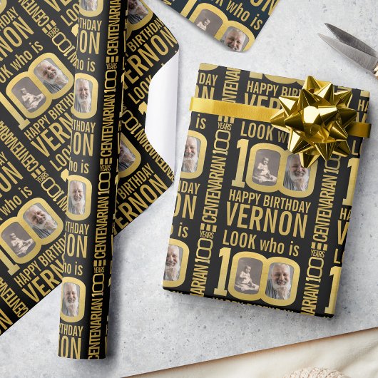 100th birthday black gold custom photos name geschenkpapier