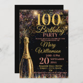 100th Birthday Bubbly Fireworks Gold Pink Einladung (Vorne/Hinten)