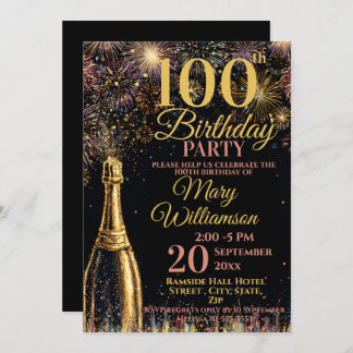 100th Birthday Bubbly Fireworks Gold Pink Einladung