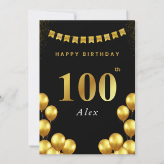 100th Birthday Card Black and Gold Balloons Karte