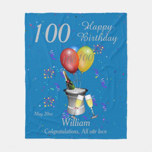 100th Birthday Celebration Blue Fleece Blanket (Vorderseite)