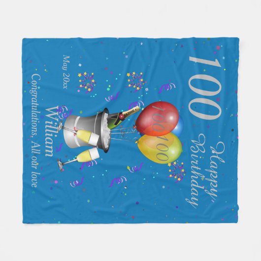 100th Birthday Celebration Blue Fleece Blanket (Vorderseite (Horizontal))