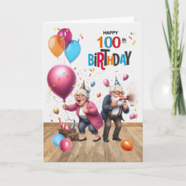 100th Birthday Funny Old Man and Woman Balloons Karte