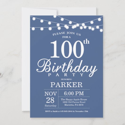 100th Birthday Invitation Blue Einladung (Vorderseite)