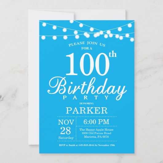 100th Birthday Invitation Blue Einladung (Vorderseite)
