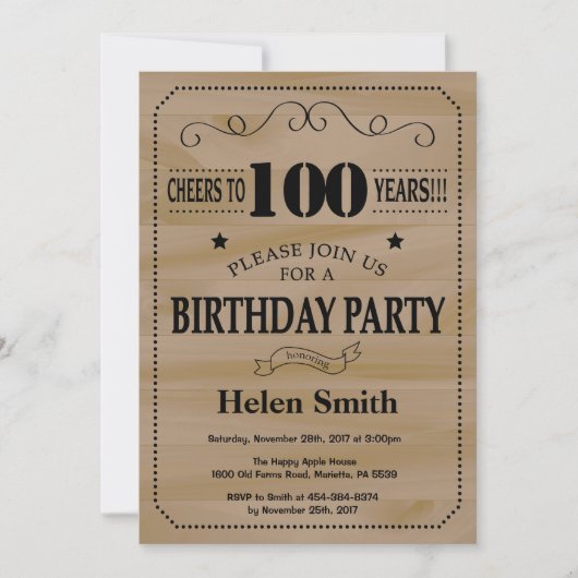 100th Birthday Invitation Rustic Wood Einladung (Vorderseite)