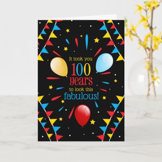 100th Birthday Looking Fabulous Flags and Balloons Karte (Gelbe Blume)