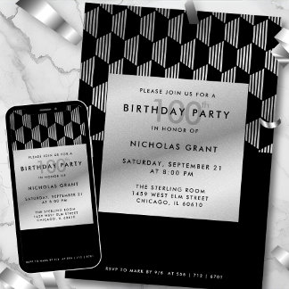100th Birthday Modern Black Faux Silver Foil Einladung