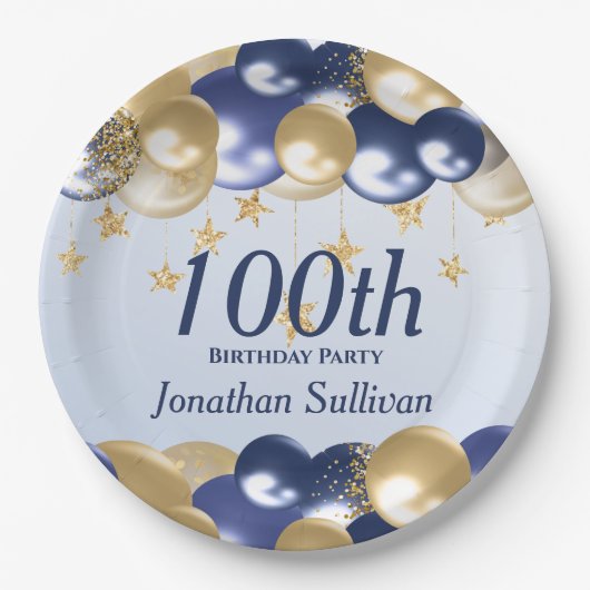 100th Birthday Navy Gold Balloons Party Pappteller (Vorderseite)