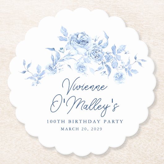 100th Birthday Party Blue Rose Floral Custom Untersetzer (Vorderseite)