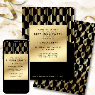 100th Birthday Party Modern Black and Gold Foil Einladung