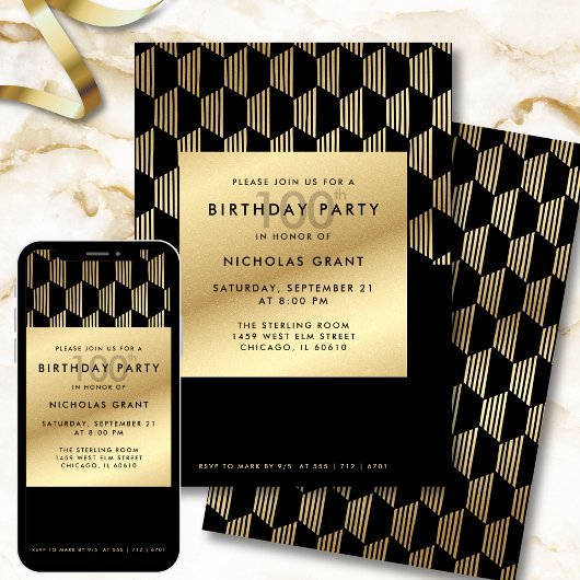 100th Birthday Party Modern Black and Gold Foil Einladung