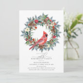 100th Birthday Party Red Cardinal Winter Wreath Einladung (Stehend Vorderseite)