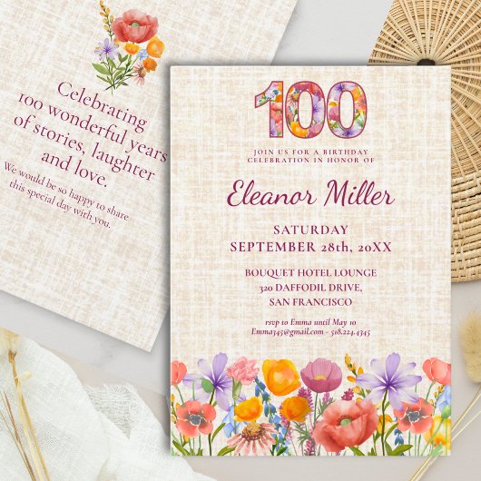  100th Birthday Wildflowers - Floral Number Einladung