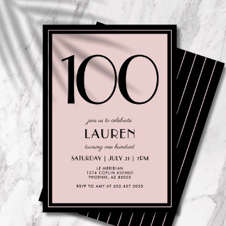 100th Birthday Women's Modern Minimal Black Pink Einladung