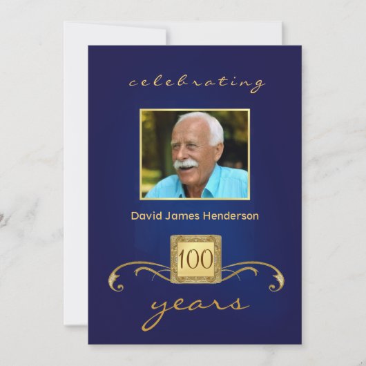 100th Geburtstags-Party-Foto-Einladungen - Blau Einladung (Vorderseite)