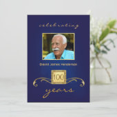 100th Geburtstags-Party-Foto-Einladungen - Blau Einladung (Stehend Vorderseite)