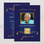 100th Geburtstags-Party-Foto-Einladungen - Blau Einladung (Vorne/Hinten)