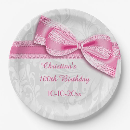 100th Geburtstags-rosa Damast und Imitat-Bogen Pappteller (Vorderseite)