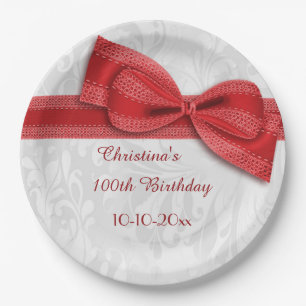 100th Geburtstags-roter Damast und Imitat-Bogen Pappteller
