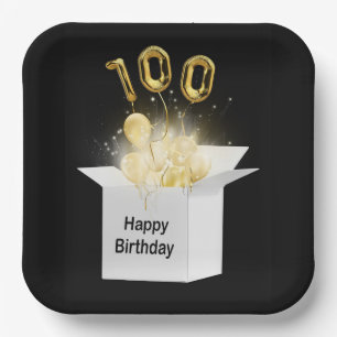 100th Gold-Geburtstagsballons in weißer Box Pappteller