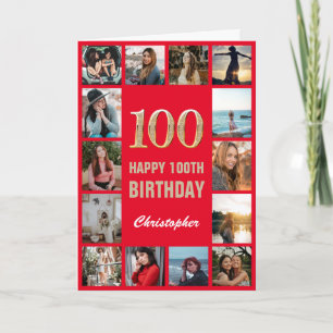 100th Happy Birthday Red and Gold Foto Collage  Karte