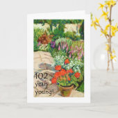 102nd Geburtstags-Karte - rote Pelargonien Karte (Gelbe Blume)