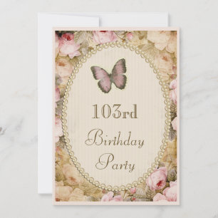 103. Geburtstag Vintage-Rosen Schmetterling Noten Einladung