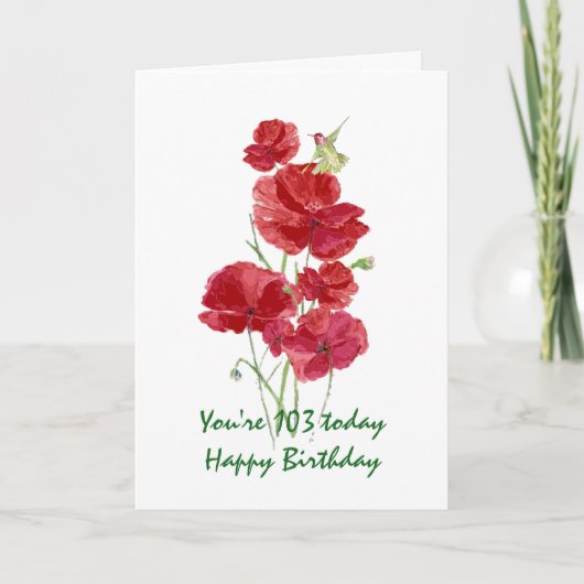 103. Geburtstag Wasserfarbe Roter Poppy Hummingbir Karte (Vorderseite)