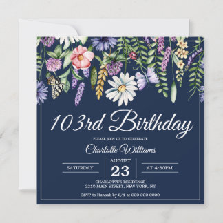 103. Geburtstag Wildblumen Navy Elegant 103 Jahre Einladung