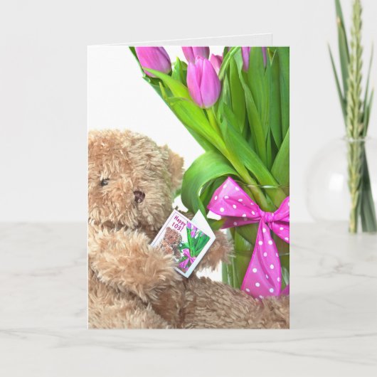 103. Geburtstagsjunge Teddybär mit Tulpenbouquet Karte (Vorderseite)