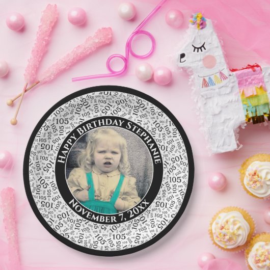 105 Ihr Foto Random Zahlenmuster Schwarz/Weiß Pappteller (Party)