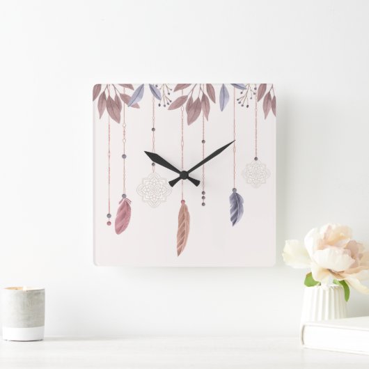 10.75" Boho Feathers Square Acrylic Wall Clock Quadratische Wanduhr (Zuhause)