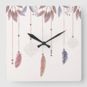 10.75" Boho Feathers Square Acrylic Wall Clock Quadratische Wanduhr (Vorderseite)