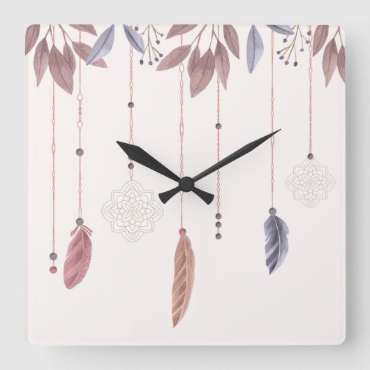 10.75" Boho Feathers Square Acrylic Wall Clock Quadratische Wanduhr (Vorderseite)