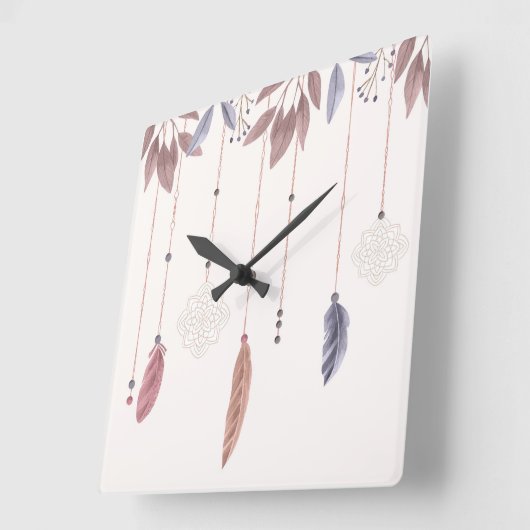 10.75" Boho Feathers Square Acrylic Wall Clock Quadratische Wanduhr (Winkel)