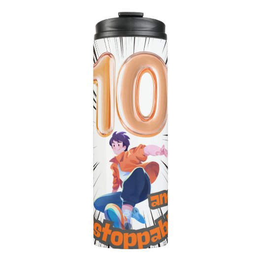 10 and Unstoppable Boys’ Birthday Thermosbecher (Vorderseite)