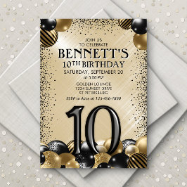10. Balloons Black Gold Geburtstag Einladung