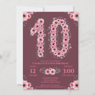 10. Big Birthday Girl Pink Blume Green Foliage Einladung
