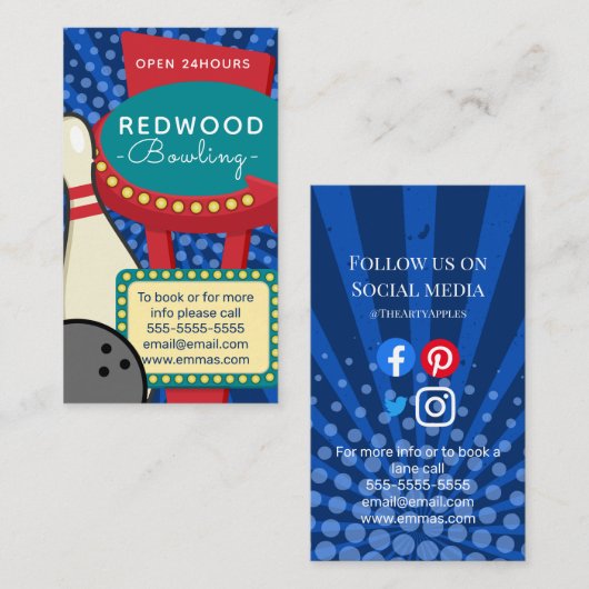 10 Button Bowling Retro Neon Bowling Galle Visitenkarte (Vorne/Hinten)