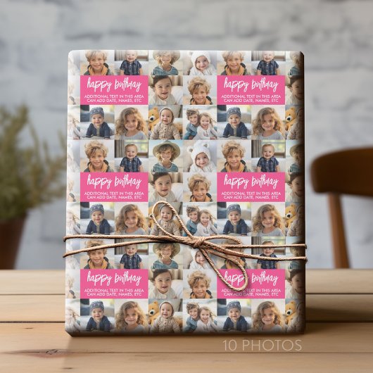 10 Foto Border Birthday Text Centre - Pink Geschenkpapier