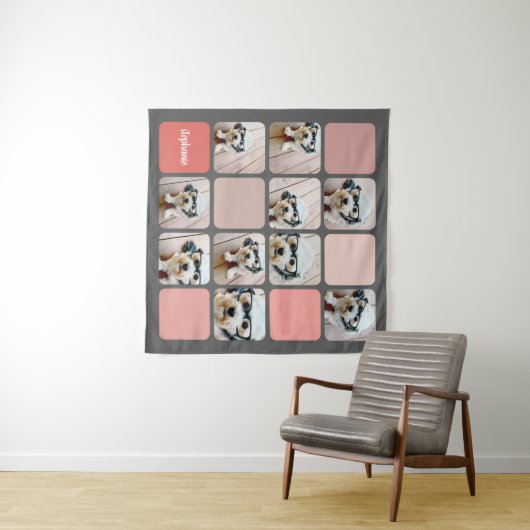 10 Foto Collage Gray Blush Pink Coral Script Name Wandteppich (Beispiel (Horizontal))