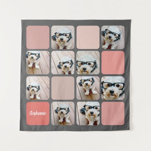 10 Foto Collage Gray Blush Pink Coral Script Name Wandteppich (Vorderseite)